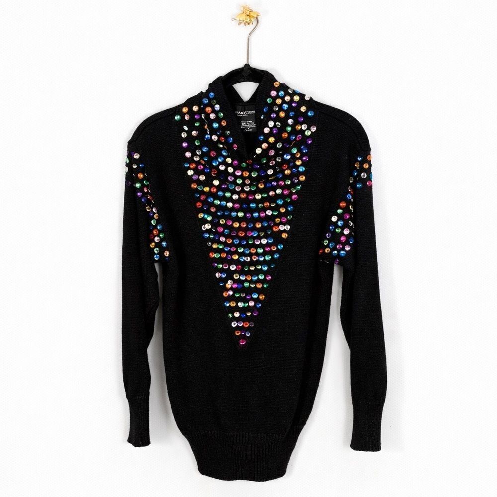 Vintage black mockneck sweater with multicolored jewels through out size size